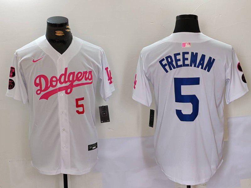 Men Los Angeles Dodgers 5 Freeman White pink joint name 2024 Nike MLB Jersey style 2